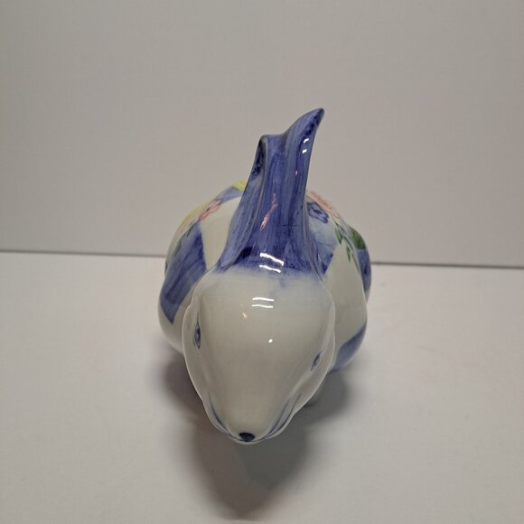 Ceramic Easter Bunny Rabbit Figurine Blue/White Check Yellow Pink Floral Cottage - Picture 2 of 7